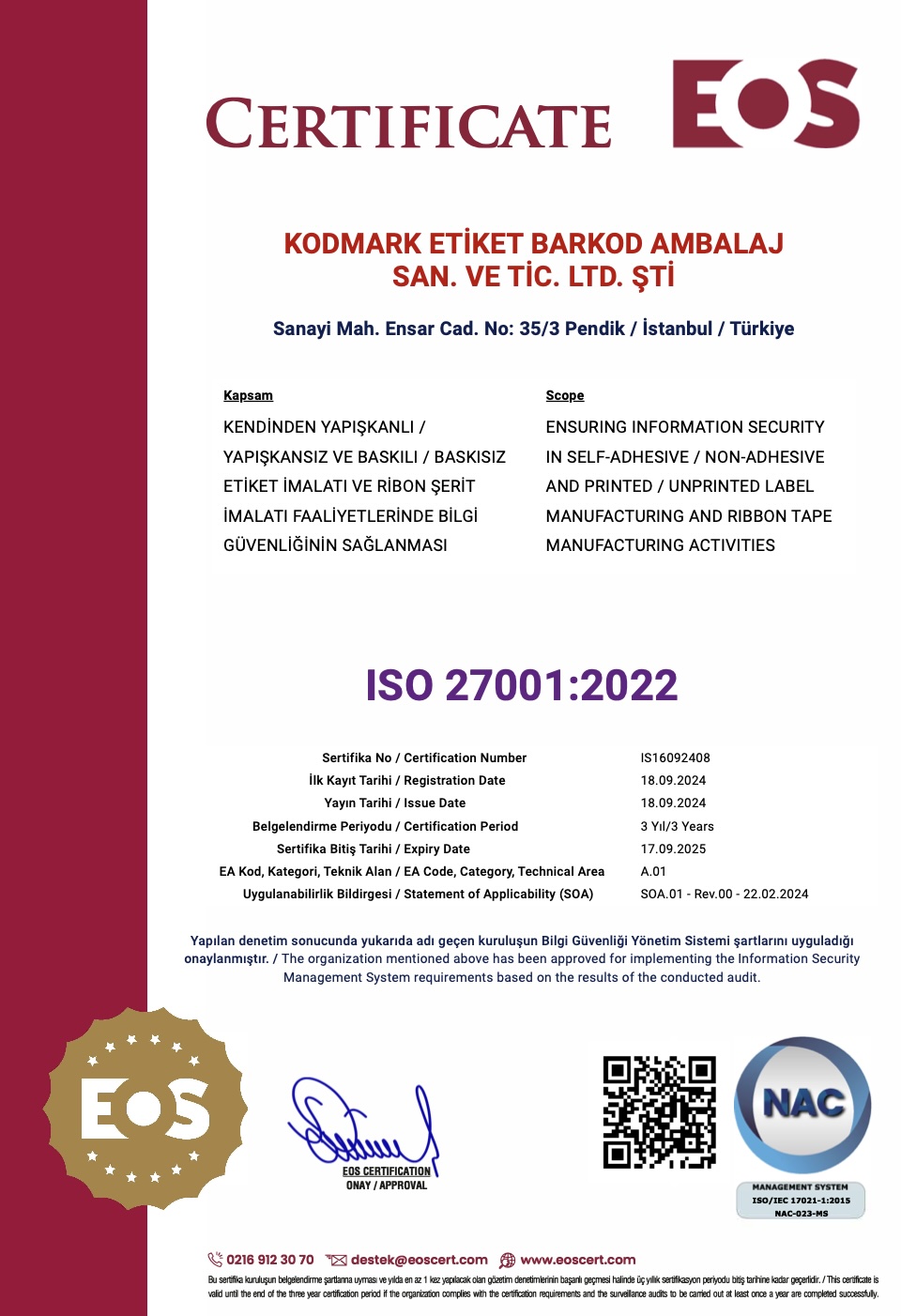 ISO/IEC 27001 Sertifikası