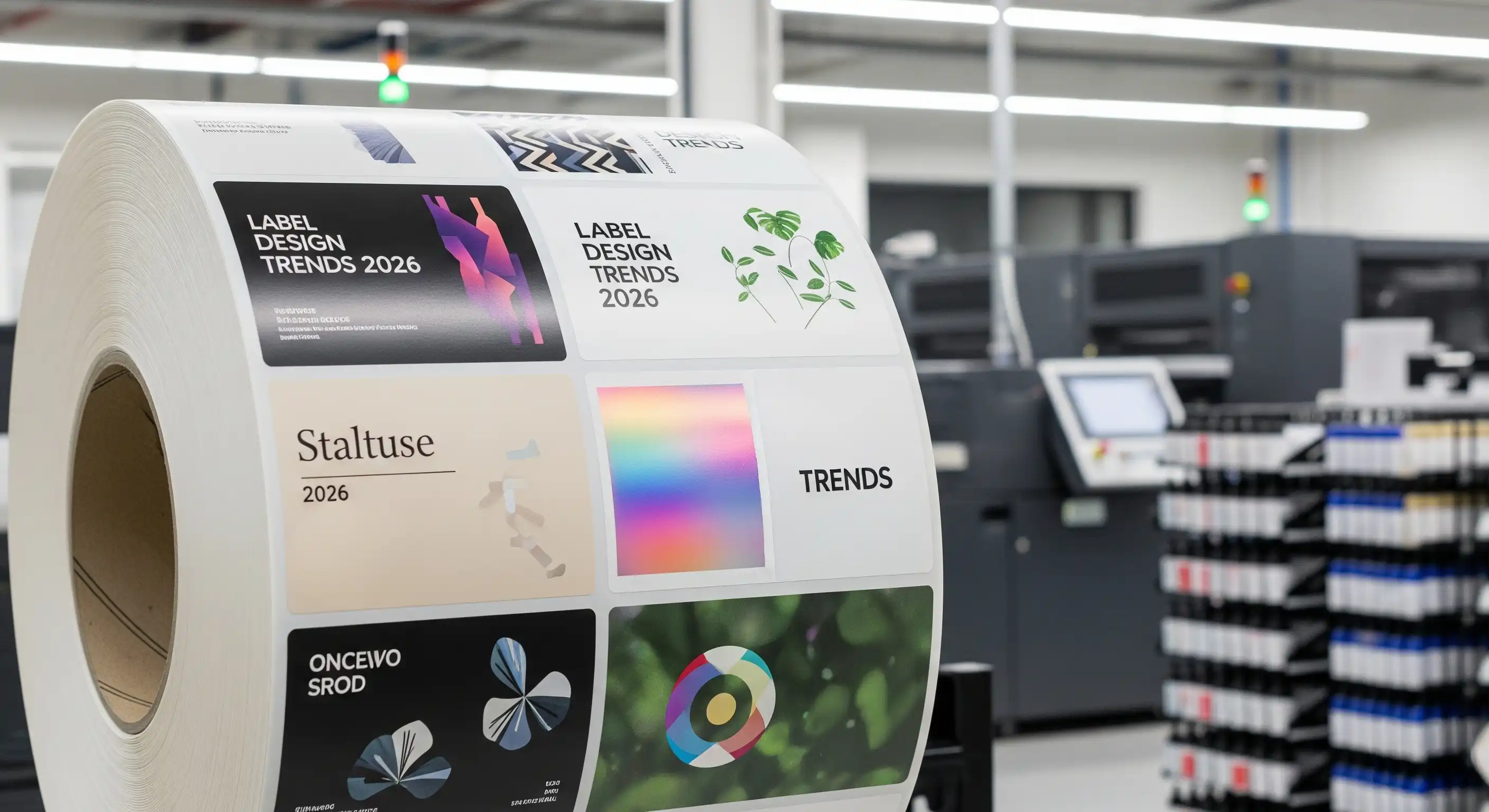 2026 etiket tasarım trendleri: minimalizm, dokulu yüzeyler ve cesur renk paletini vurgulayan görsel kompozisyon.