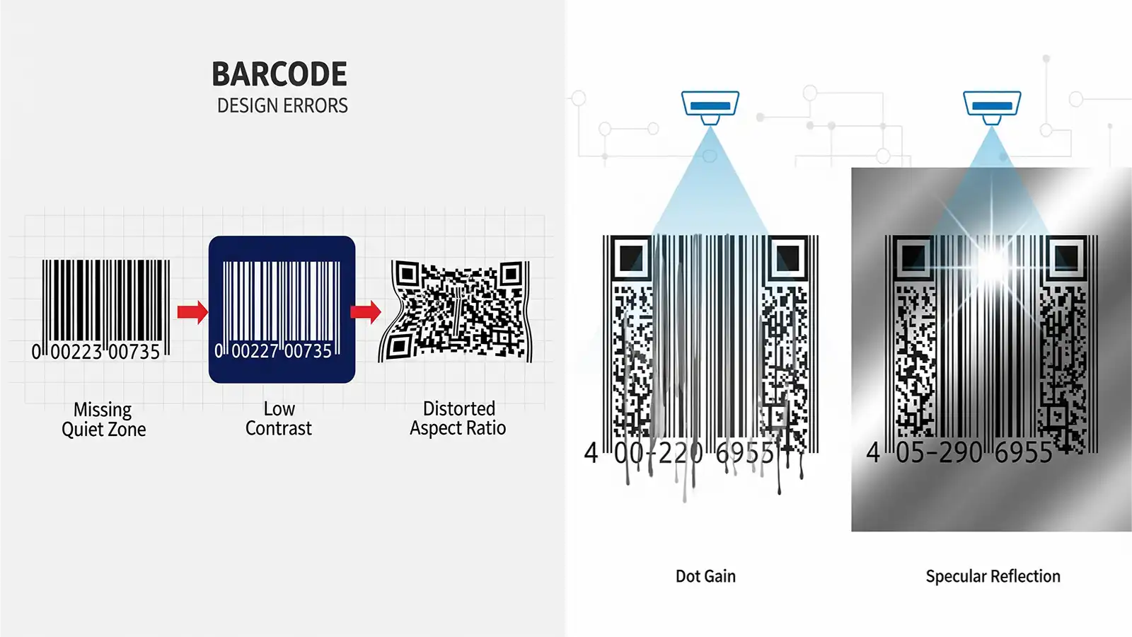 Quiet zone ve yüksek kontrast vurgulu, okunabilirlik kontrol notu (A–F) gösteren barkod görseli.