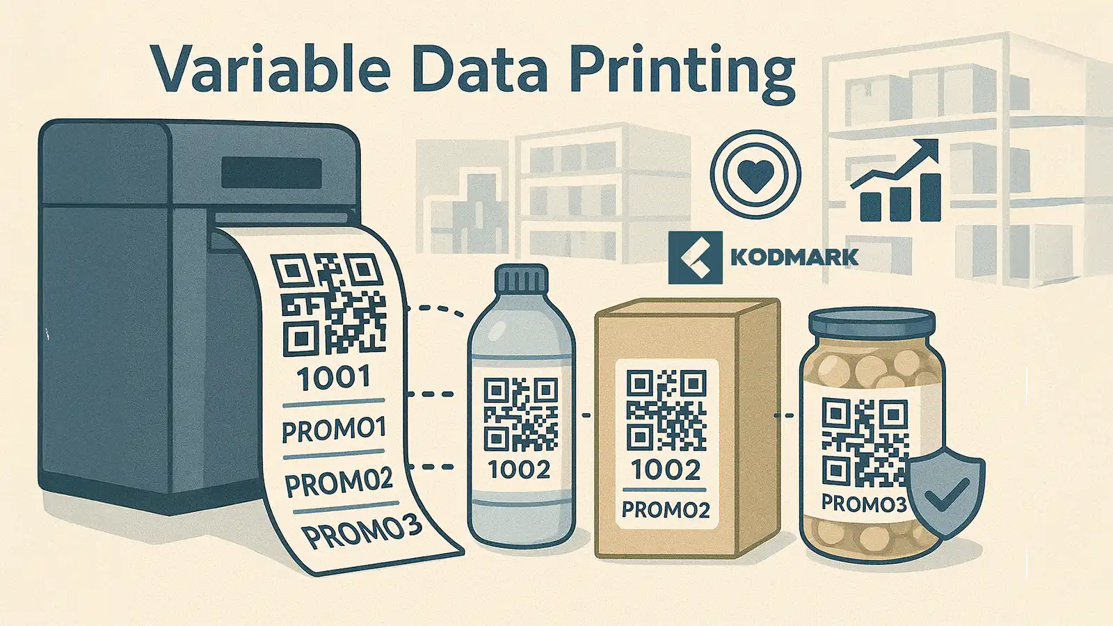 Benzersiz QR ve barkodlarla değişken veri baskılı etiketlerin yer aldığı modern lojistik/pazarlama temalı görsel.