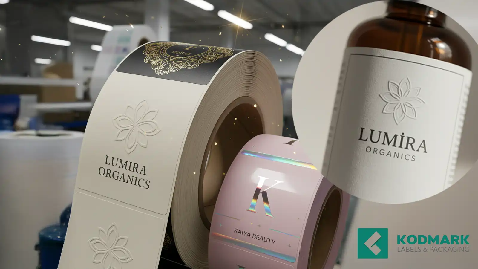 Lak, yaldız, emboss/deboss ve serigrafi efektlerini gösteren premium etiket kolajı.