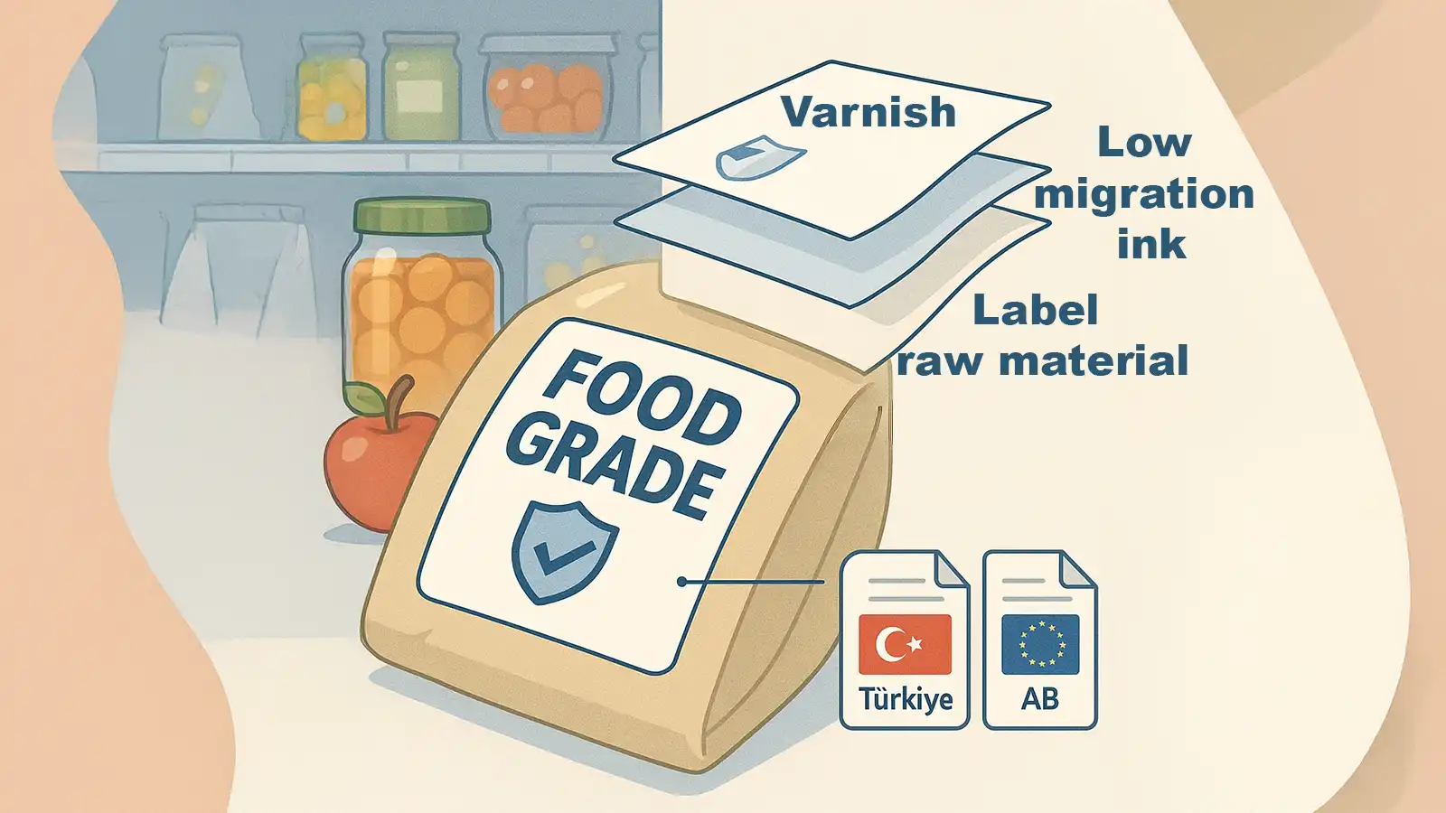Gıda ve içecek etiketlerinde gıda teması uygunluk, derin dondurucu dayanımı ve raf çekiciliğini vurgulayan görsel.