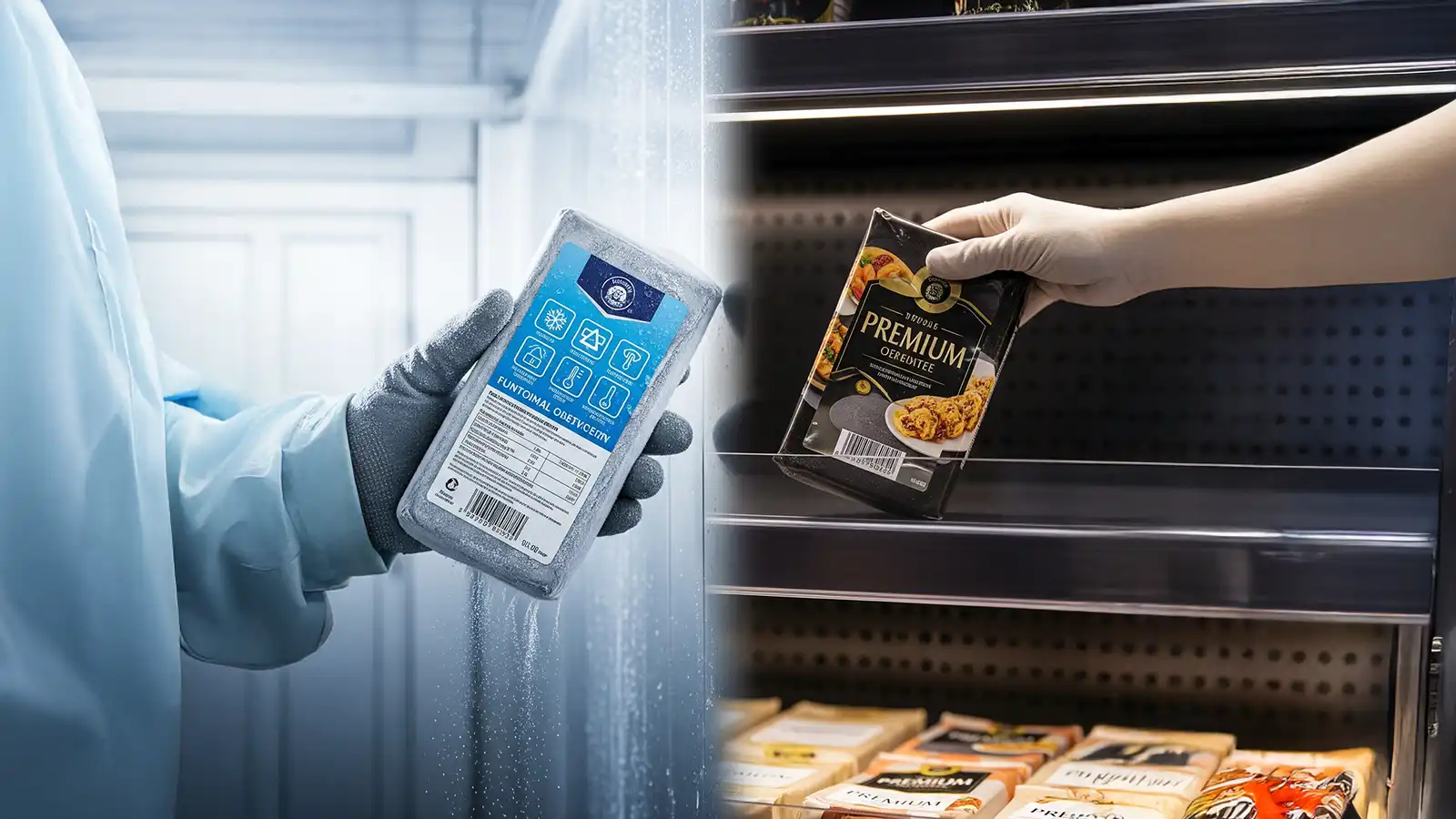 Gıda ambalajı üzerinde 'food grade' ve düşük migrasyon simgeleriyle işaretlenmiş bir etiket illüstrasyonu.