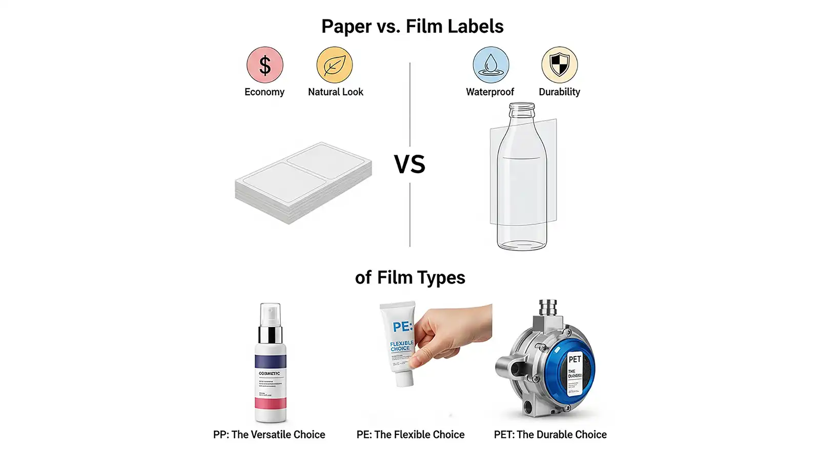 Kâğıt ve film etiket malzemelerinin (PP, PE, PET) farklarını gösteren bilgilendirici görsel.