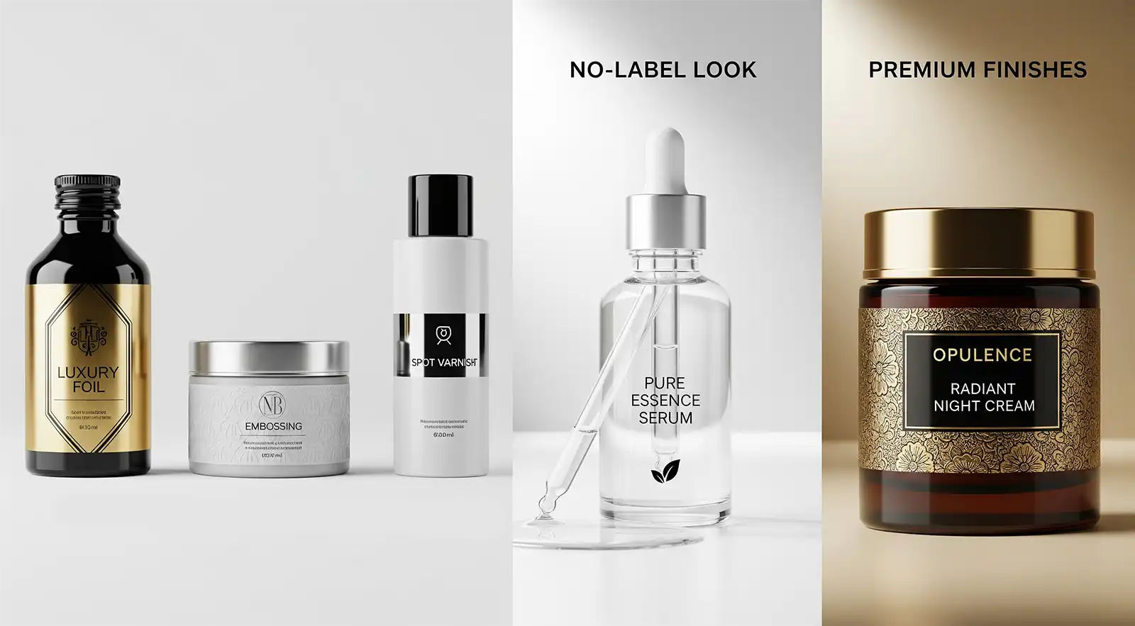 Kozmetik ambalajlarda no-label look şeffaf film etiket ve yaldız/gofre/soft-touch gibi premium bitişleri anlatan görsel.