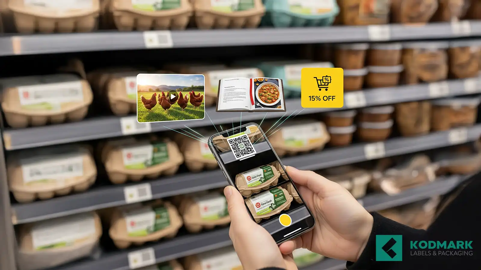 Bir ürün etiketinde QR kod taraması ve artırılmış gerçeklik animasyonunu gösteren sahne.