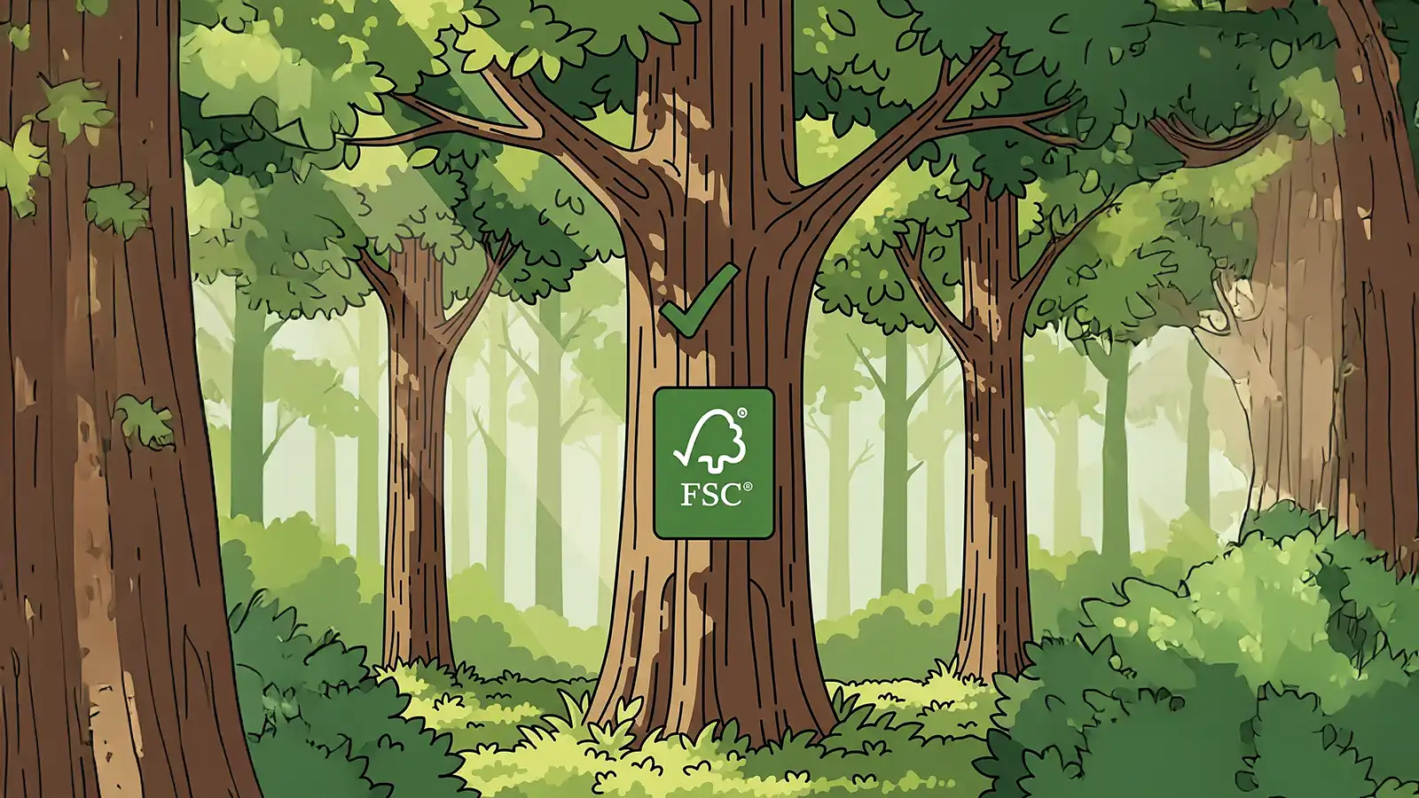 FSC® logolu kâğıt ruloları ve rPET/rPP film rulolarının yer aldığı sürdürülebilir etiket malzemeleri görseli.