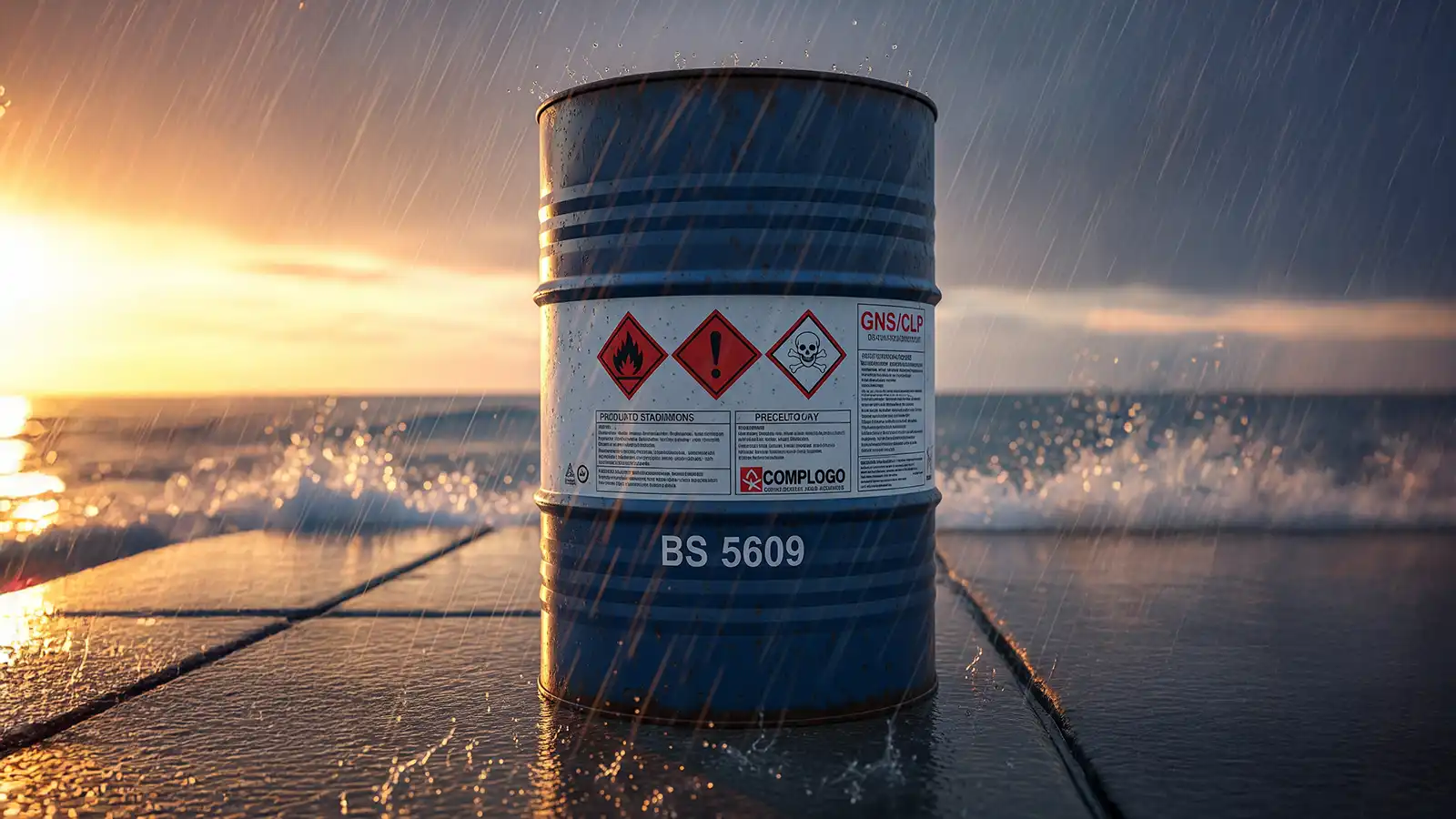 GHS/CLP piktogramları ve BS 5609 deniz taşımacılığı dayanımını vurgulayan tehlikeli madde etiketi görseli.