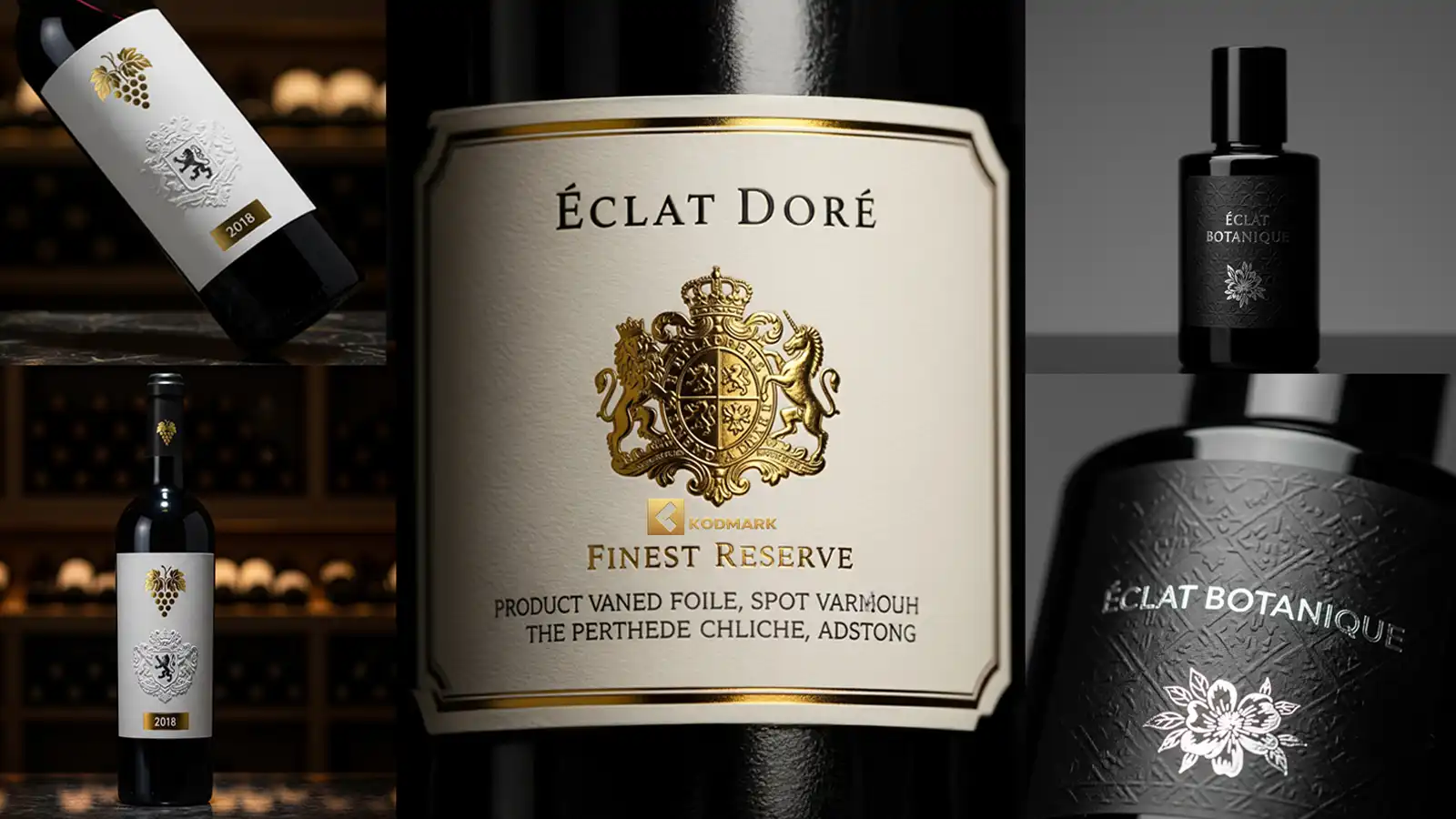 Yaldız (folyo), emboss (kabartma) ve spot lak efektlerini vurgulayan premium etiket görseli.