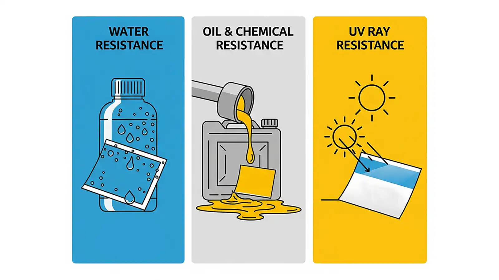 Suya, yağa, kimyasallara ve UV ışınlarına dayanıklı endüstriyel etiket çözümleri için film, yapışkan ve laminasyon kombinasyonunu anlatan görsel.